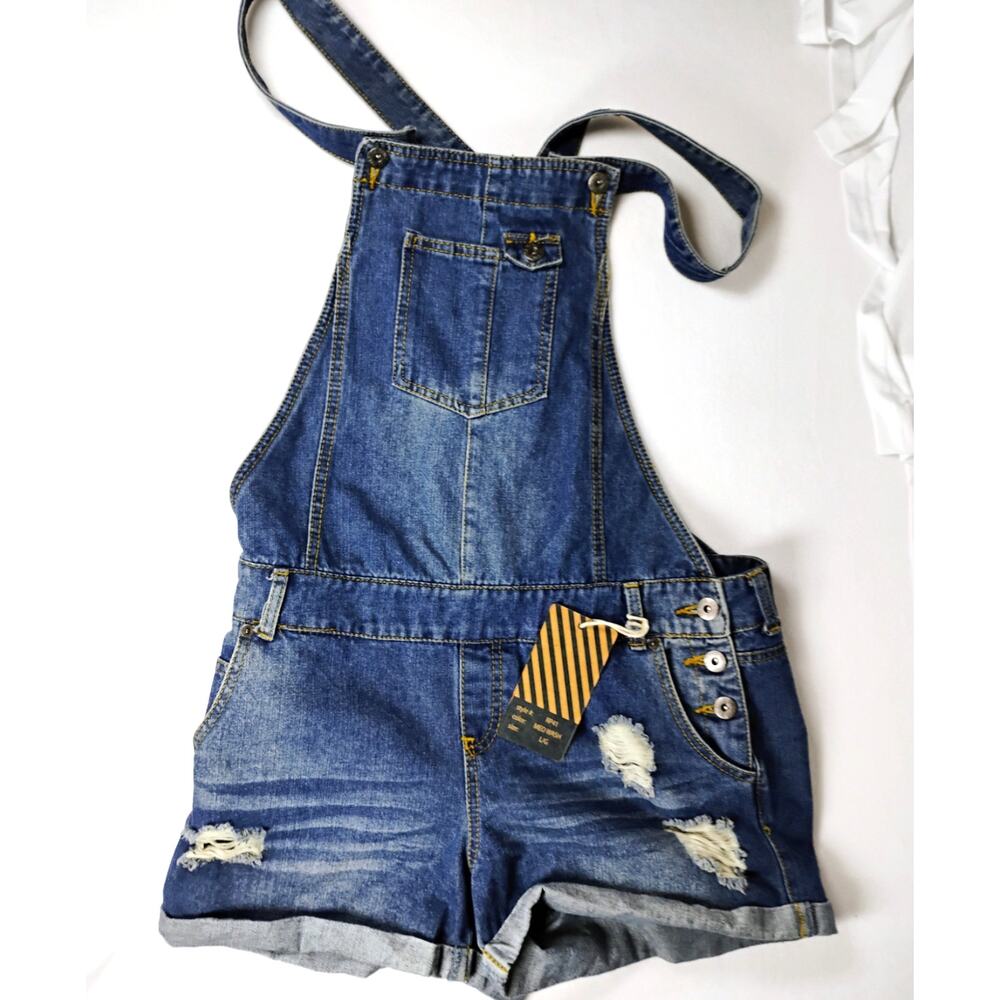 NWT Ci Sono Blue Denim Overall Shorts Distressed Adjustable Straps Y2K Grunge L